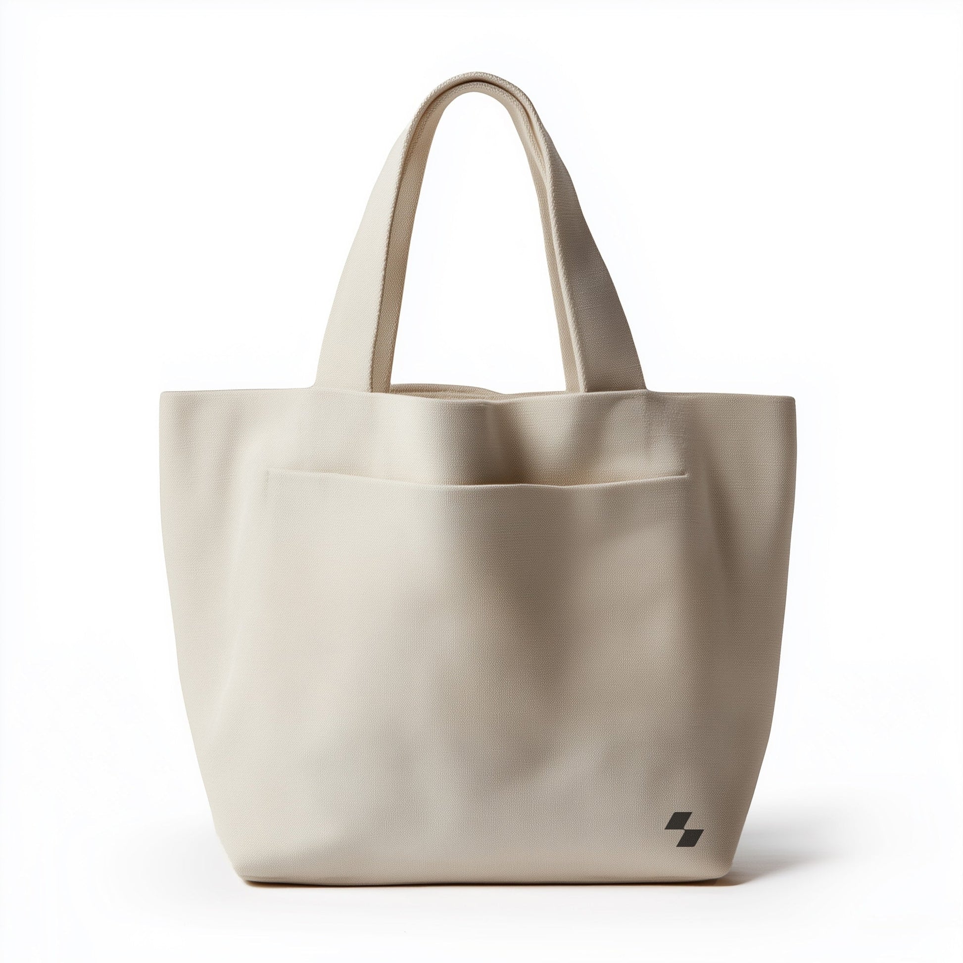Beige tote bag with a small logo on a white background
