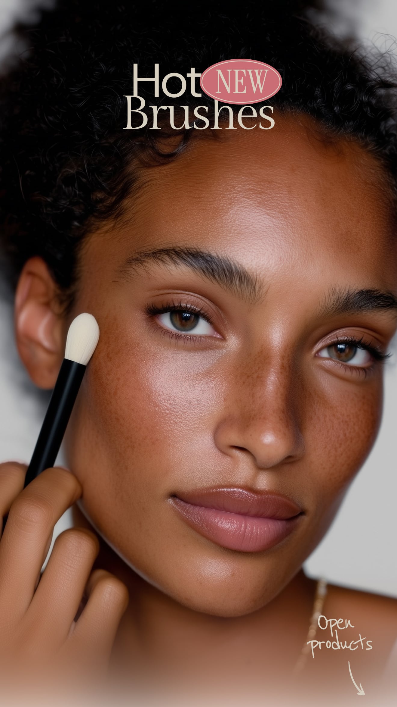 Woman applying makeup with a brush, featuring 'Opea Products' branding.