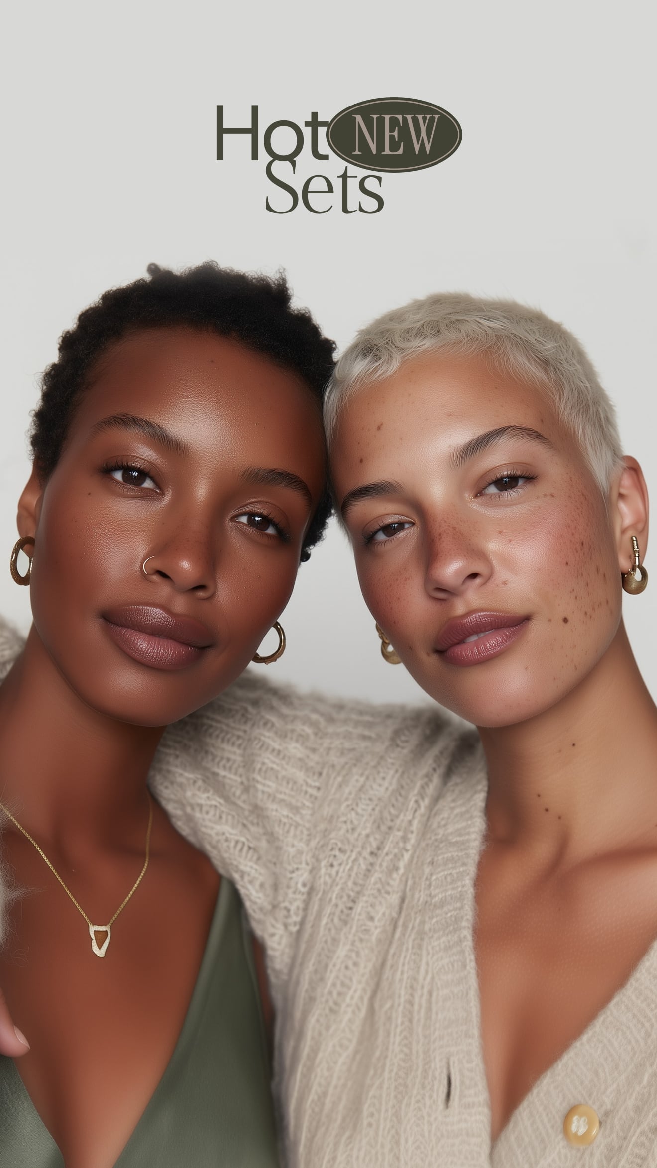 Two women posing together with 'Hot New Sets' text above them.