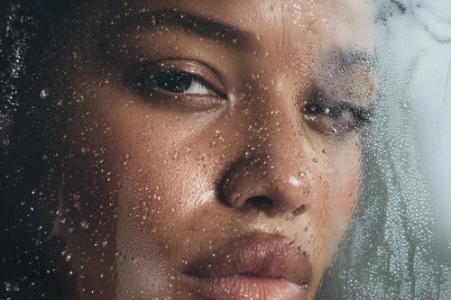 Close-up portrait of a person behind rain-covered glass with visible water droplets and condensation.