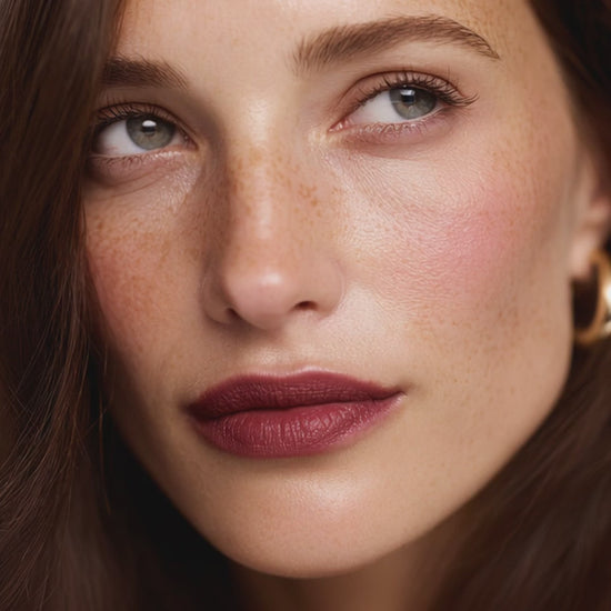 Close-up portrait of a person with freckles and soft, natural makeup.