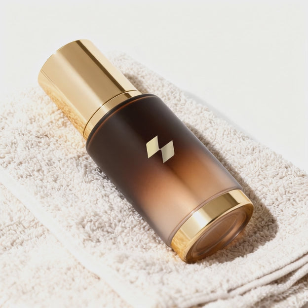 Amber-toned skincare bottle with a metallic gold cap placed on a neatly folded white towel.