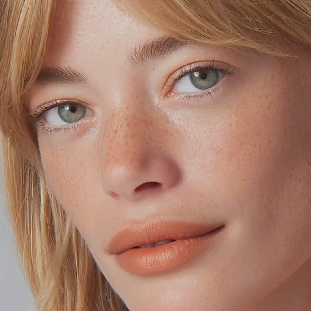 Close-up portrait of a person with freckles wearing soft peach-toned makeup.