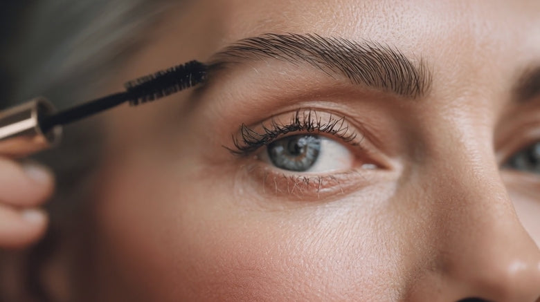 Close-up of an eye as a mascara wand is applied to the upper lashes.