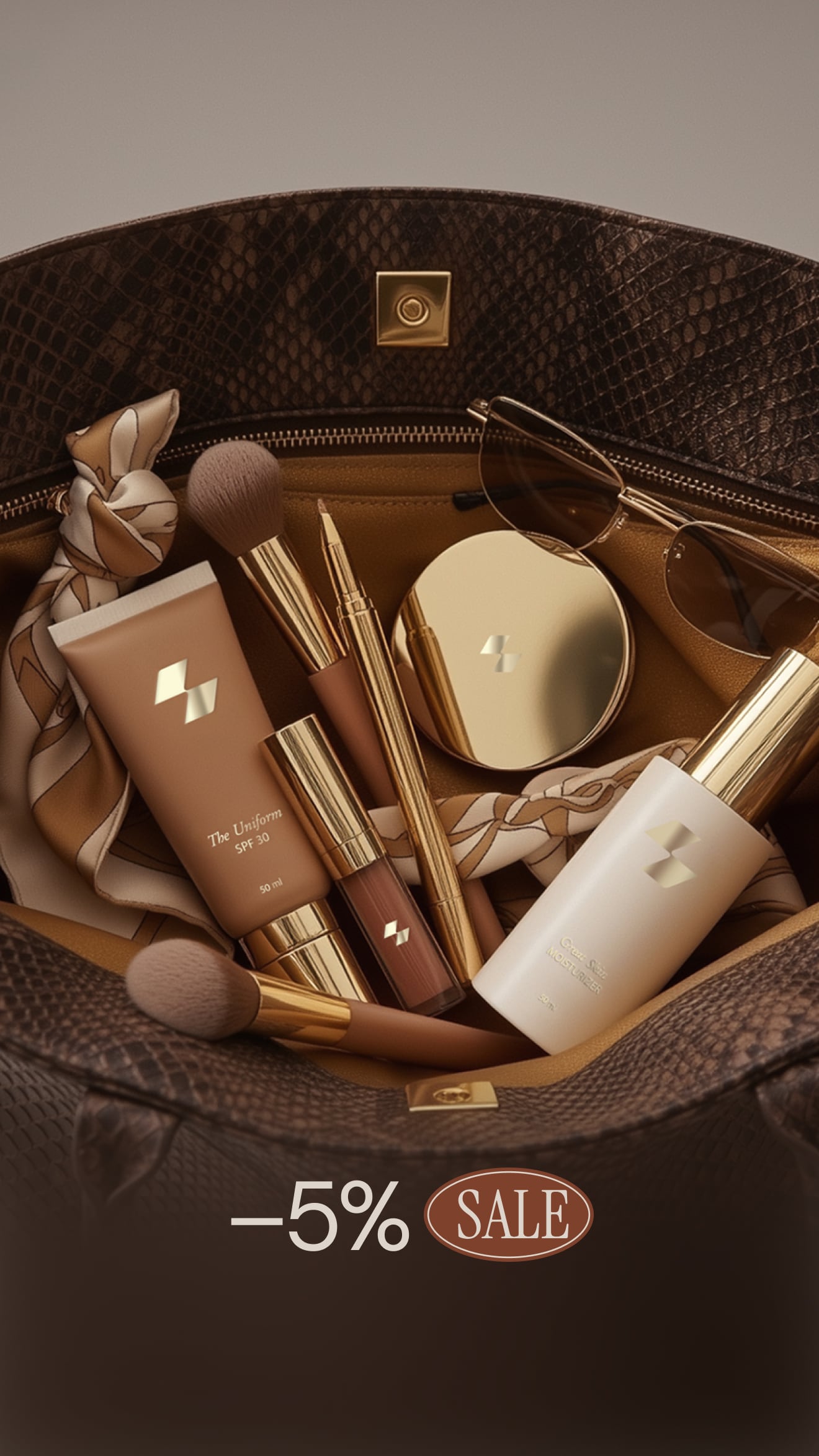 Makeup bag with cosmetic items including a tube, brush, and compact, with a '5% Sale' label.