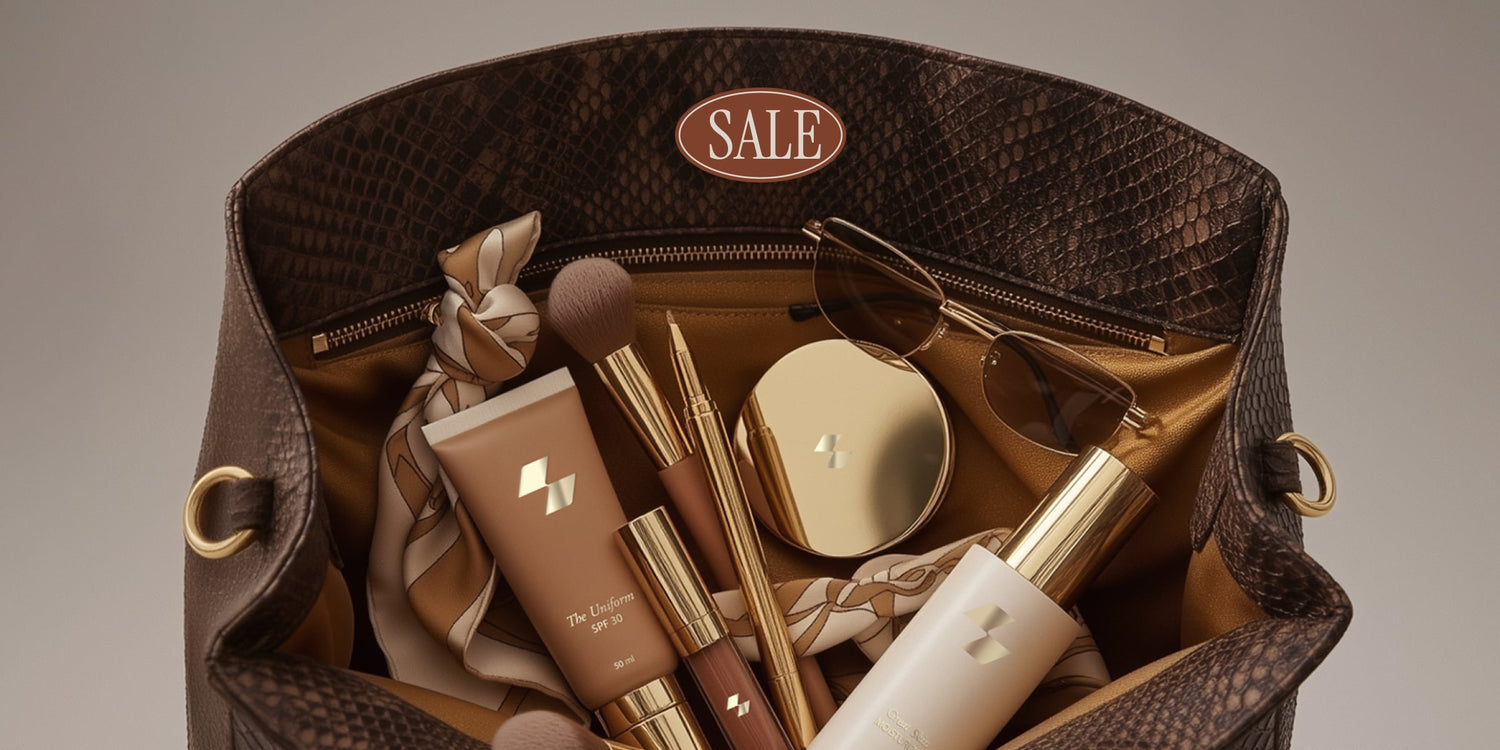 Open brown handbag with cosmetic items and 'SALE' label on a gradient background