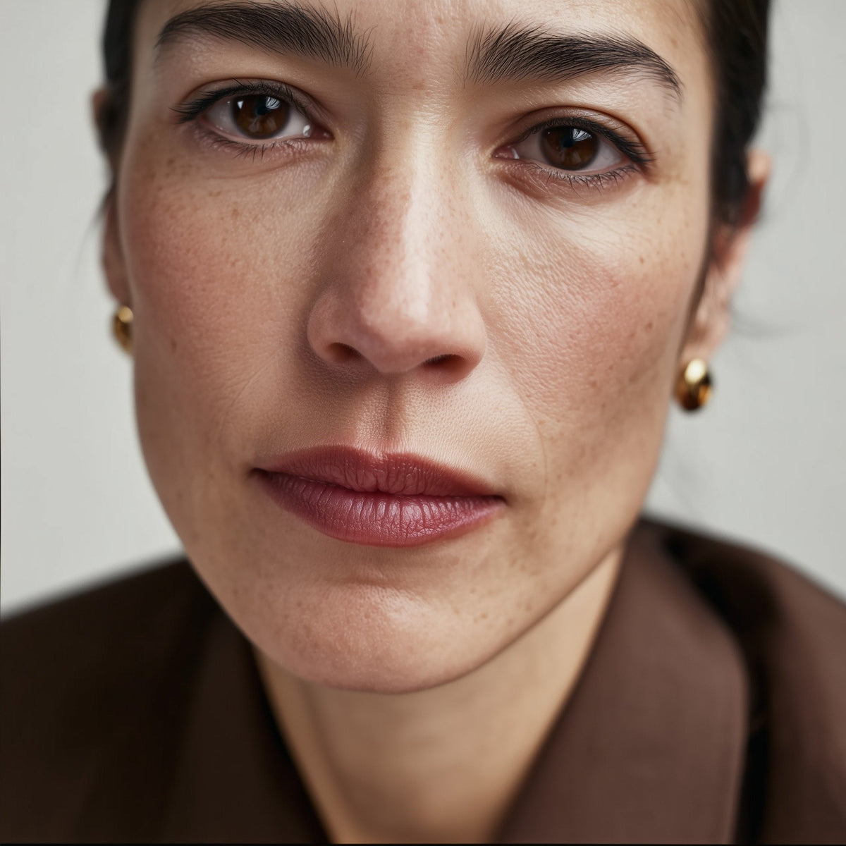 Close-up of a woman with short hair wearing gold earrings against a neutral background (Rich Red)
