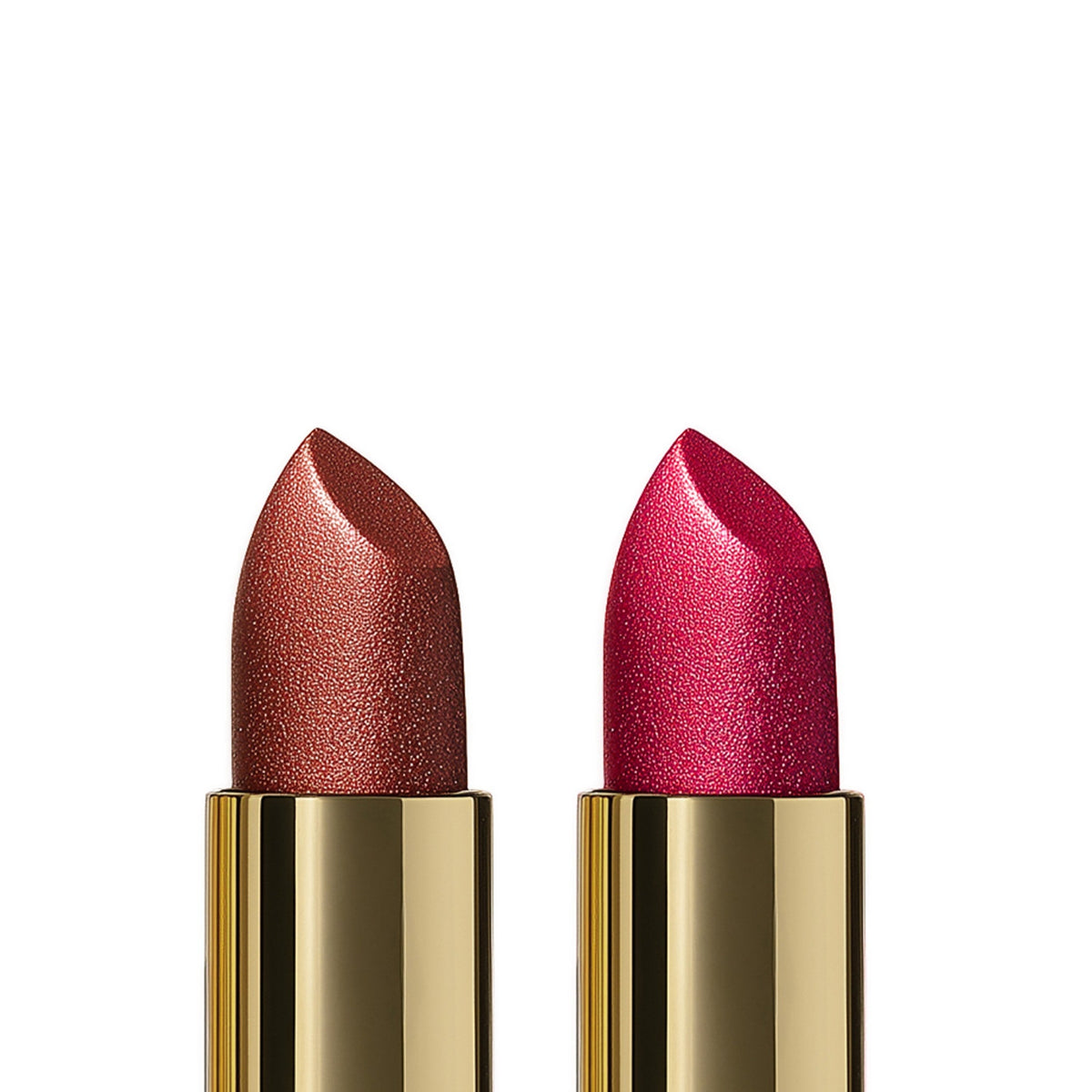 Two lipsticks with gold cases on a white background