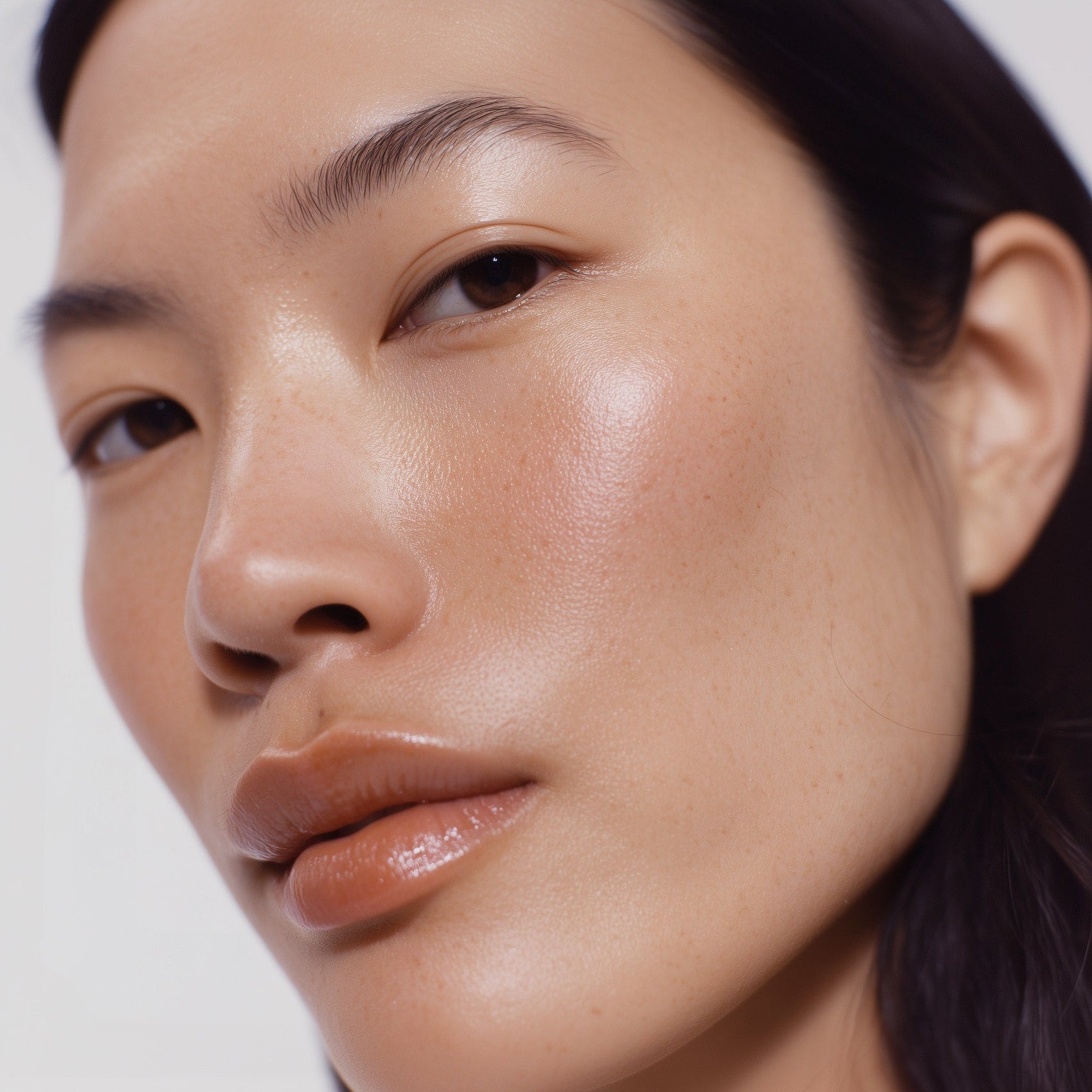 Close-up of a person's face with a neutral background