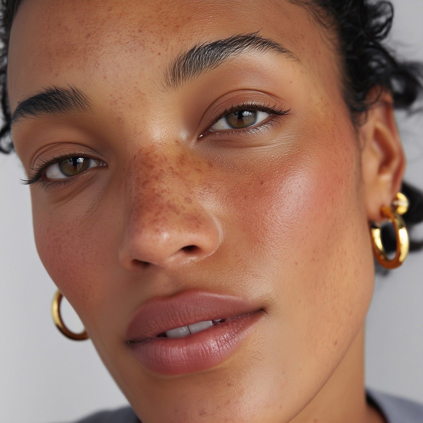 Close-up of a woman's face with gold hoop earrings against a neutral background