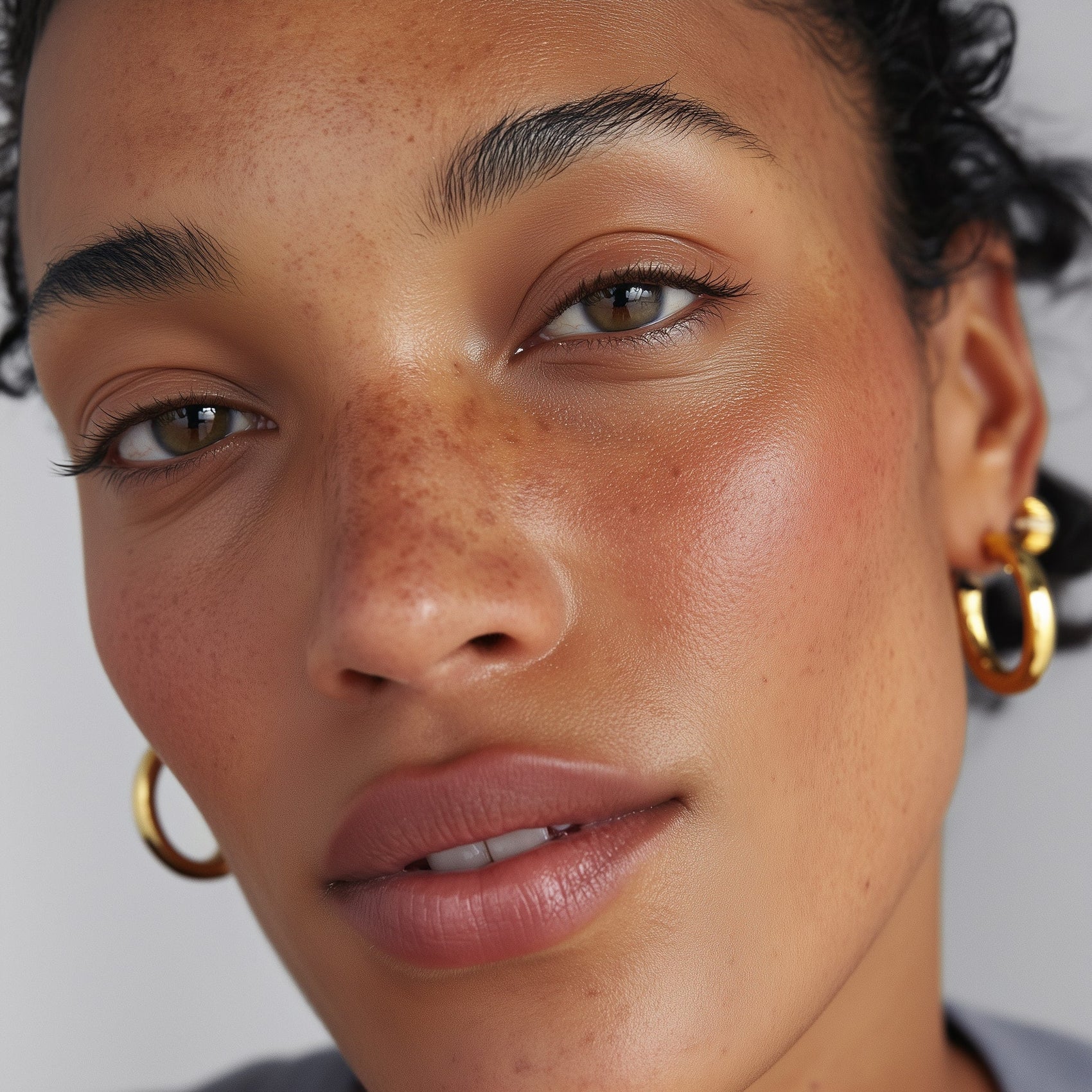 Close-up of a woman's face with gold hoop earrings against a neutral background