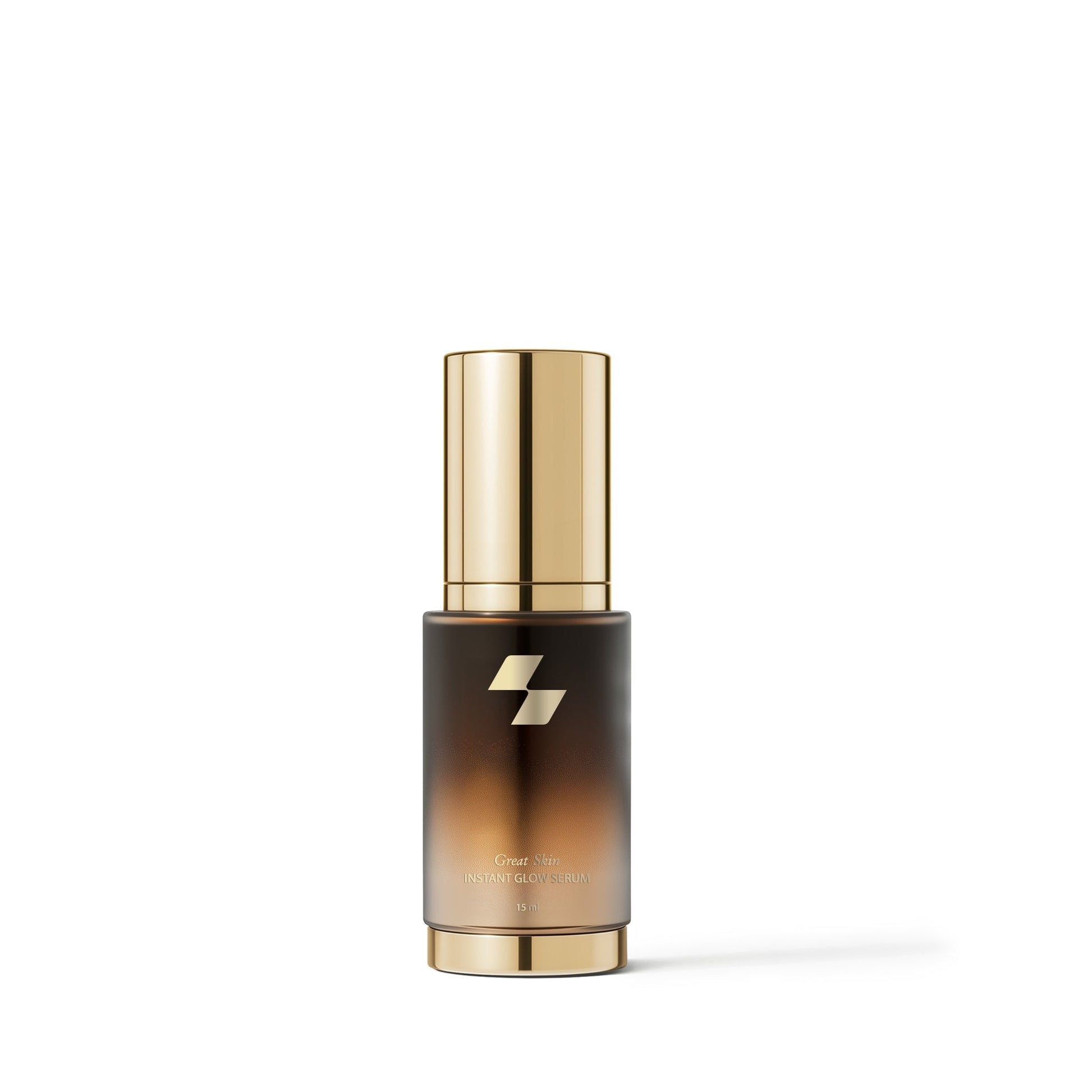 Skincare serum bottle with gold cap and gradient brown design on a white background (15 ml)