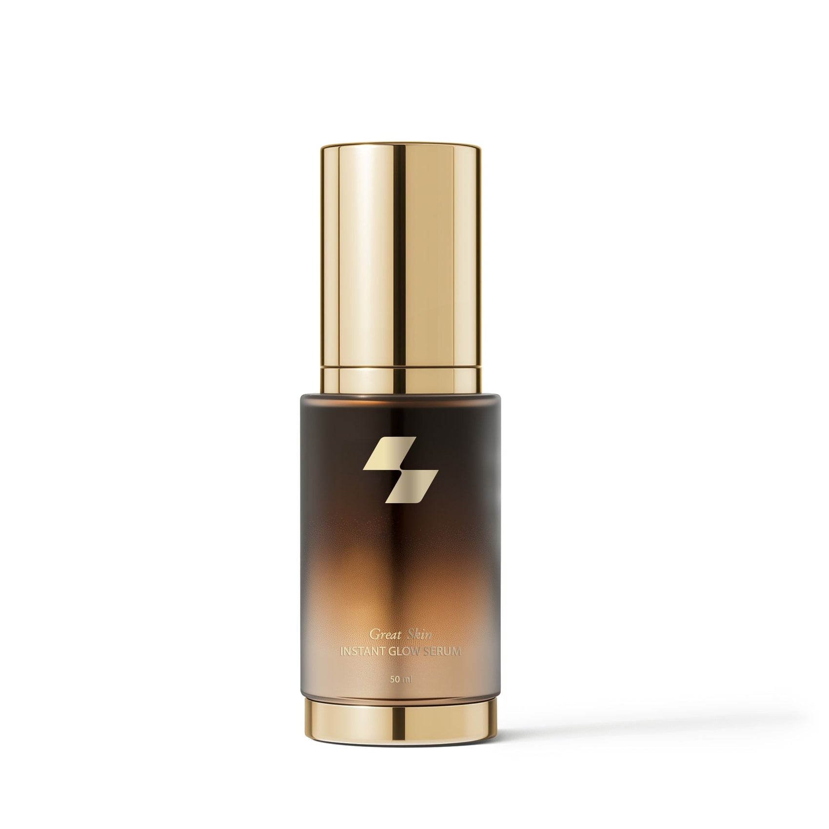 Skincare serum bottle with gold cap and gradient brown design on a white background (50 ml)