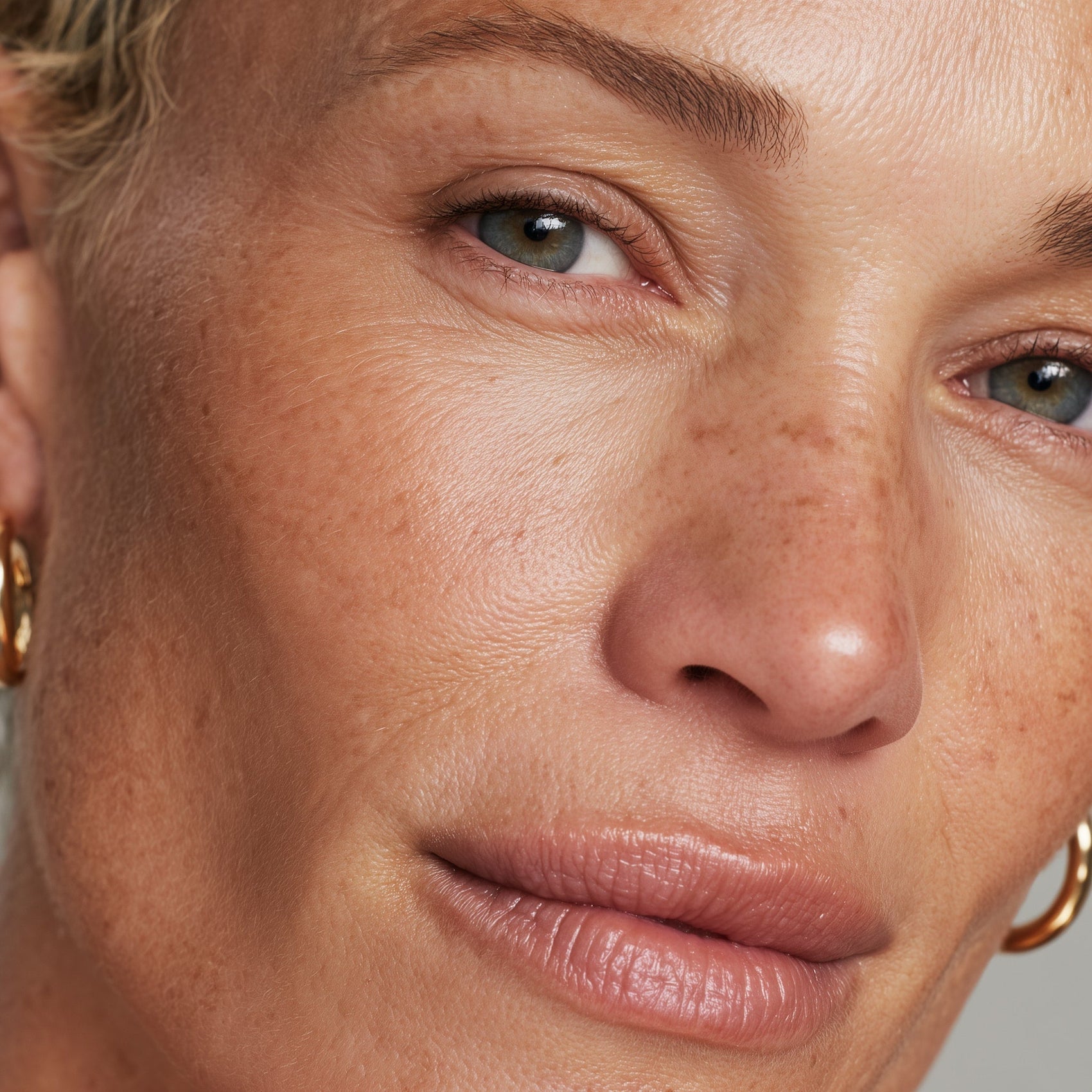 Close-up of a woman's face with a neutral background (Light brown)