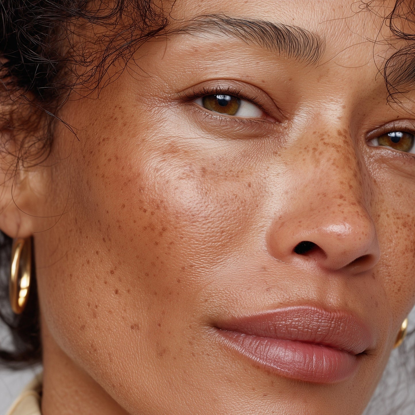 Close-up of a woman's face with a neutral expression (Medium brown)