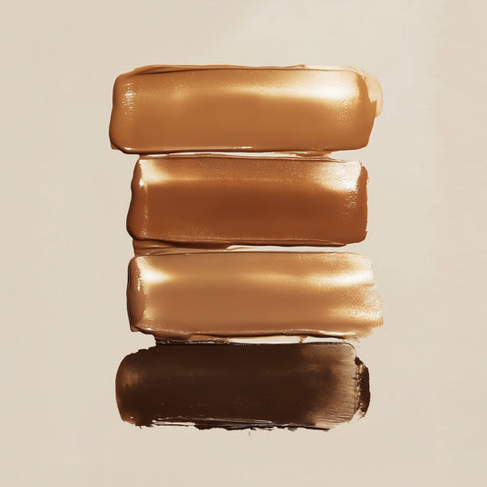 Four horizontal swatches of brown makeup on a beige background