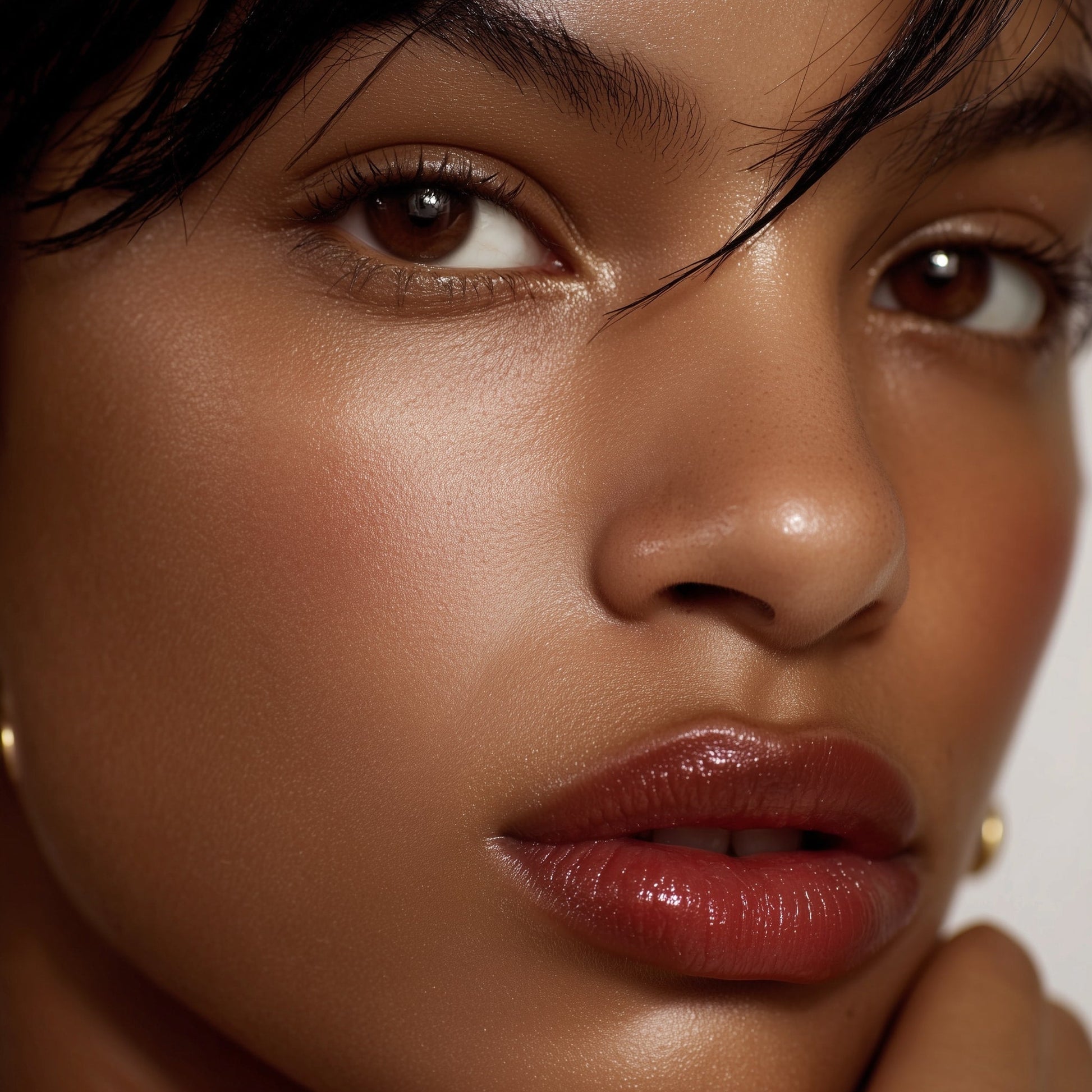 Close-up of a woman's face with a neutral background (Light Pink)