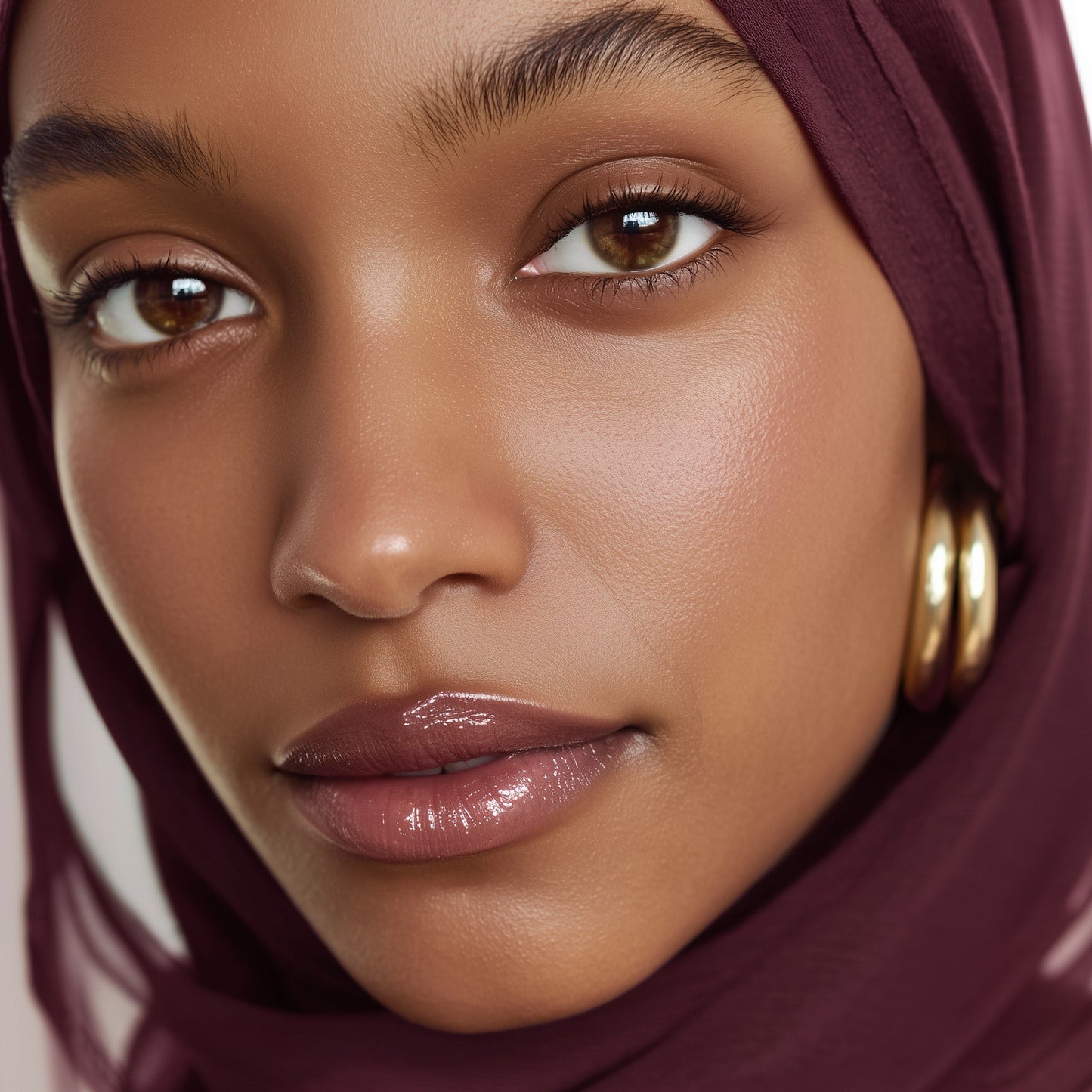 Close-up of a woman wearing a maroon hijab with a neutral background (Light Pink)