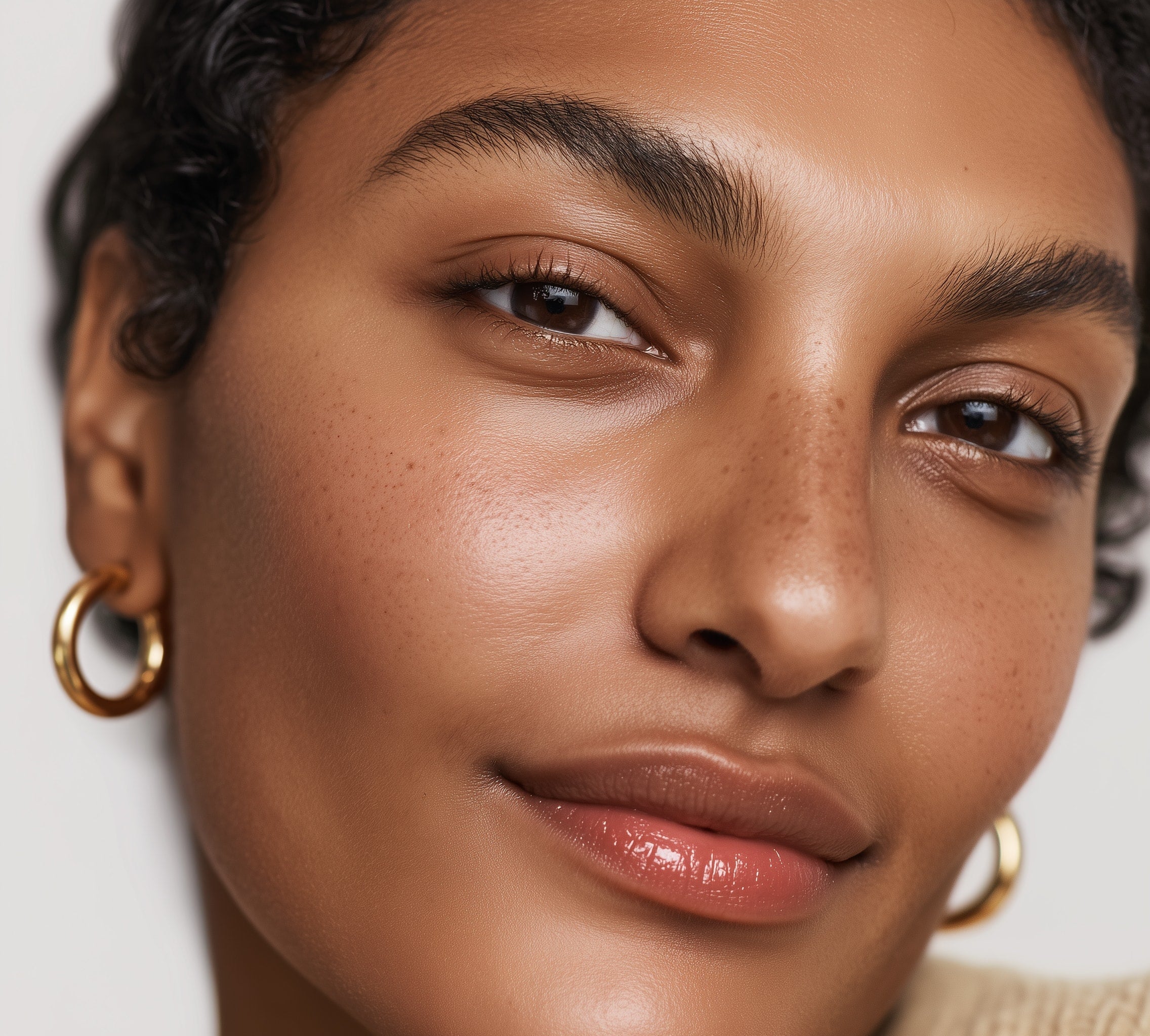 Close-up of a woman's face with gold hoop earrings on a neutral background (Pink)