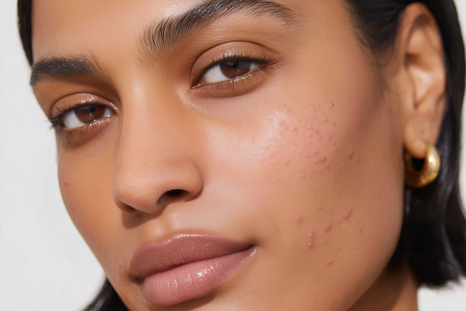 Close-up of a person's face with visible skin texture on a plain background