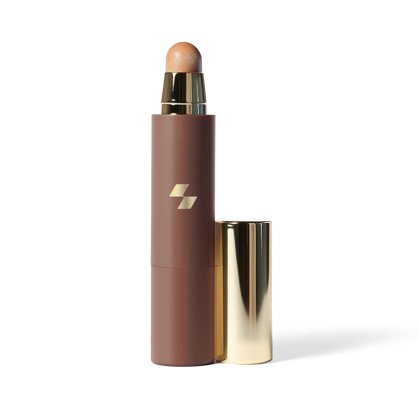 Cosmetic stick with a brown shade and gold cap on a white background (Beige)