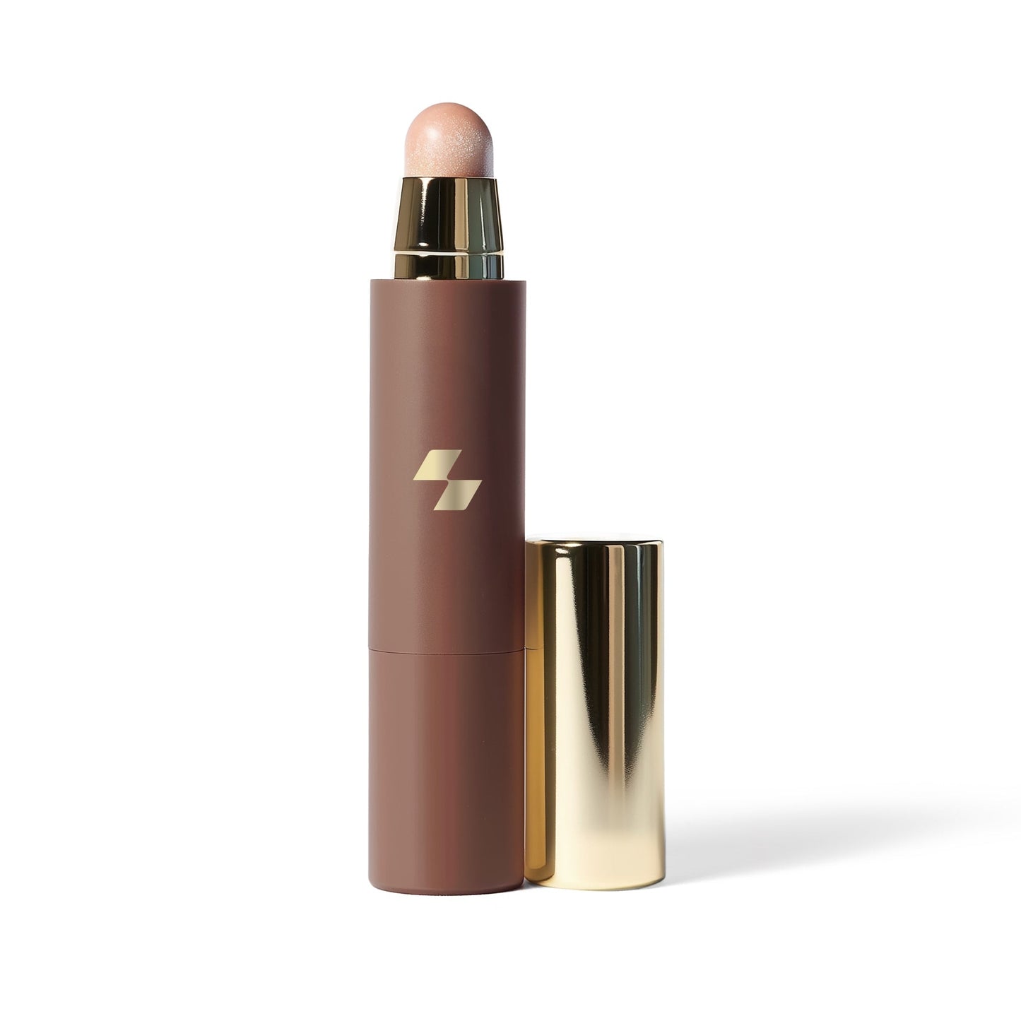 Cosmetic stick with a gold cap and brown body on a white background (Natural)