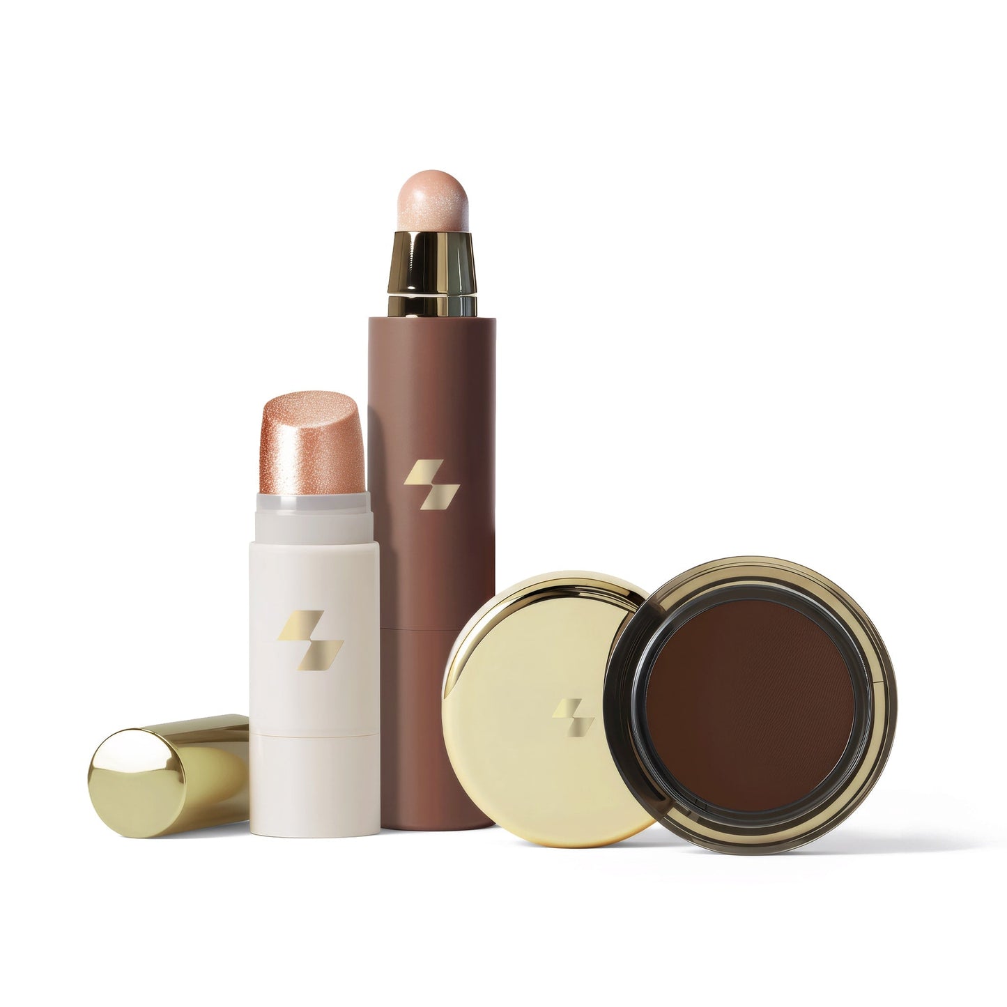 Cosmetic products including a white stick, brown tube, and open brown container on a white background