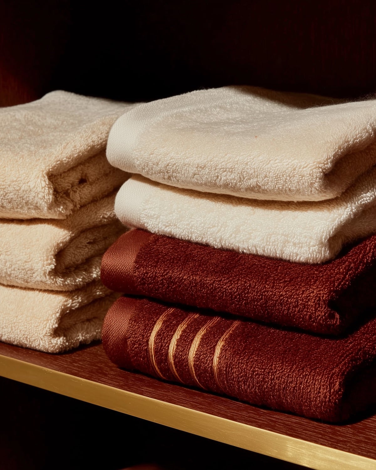 Stack of beige and red towels on a wooden shelf